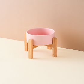 Pet Anti Rollover Ceramic With High Bamboo And Wood Frame Bowl (Option: Medium 155mm-Pink)